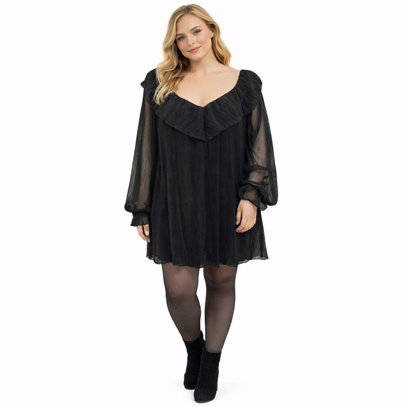 Tularosa Tops - Tularosa Black‎ Sheer Ruffle Mini Dress Boho Romantic Long Sleeve Small NWT